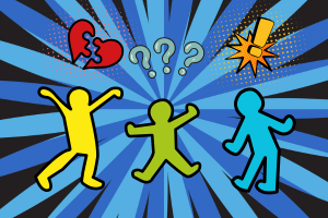 3 Figuren im Wahol-Stil vor bunten hintergrund. Über Figur ein ein zerbrochenes Herz danaben grüne Figur mit 3 Fragezeichen über dem Kopf, daneben blauf Figr mit einem Ausrufezeichen über dem Kopf